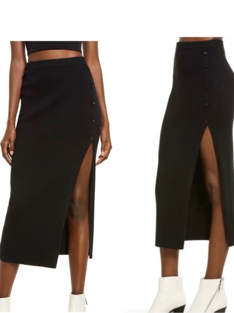 Open Edit Nordstrom Black Ribbed Side Button Slit Midi Skirt M